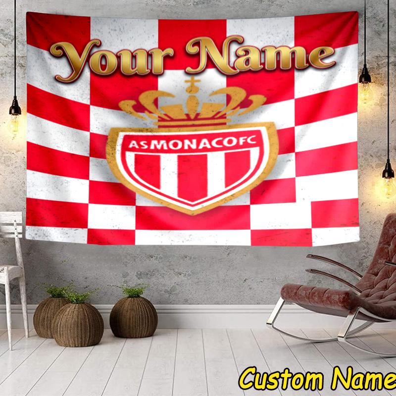 Custom Name As Monaco Fc Crest Tapestry Accessories for Bedroom,Livingroom, dormitory Room Wall Hanging Decor, Fan Birthday Gifts