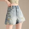 RAIN.CUN Women's Retro High-Waist Distressed A-Line Denim Shorts
