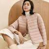 Белый утиный пух, легкий тонкий пуховик, женский круглый вырез, короткая секция, без воротника, осенне-зимняя теплая куртка большого размера с внутренней стороны