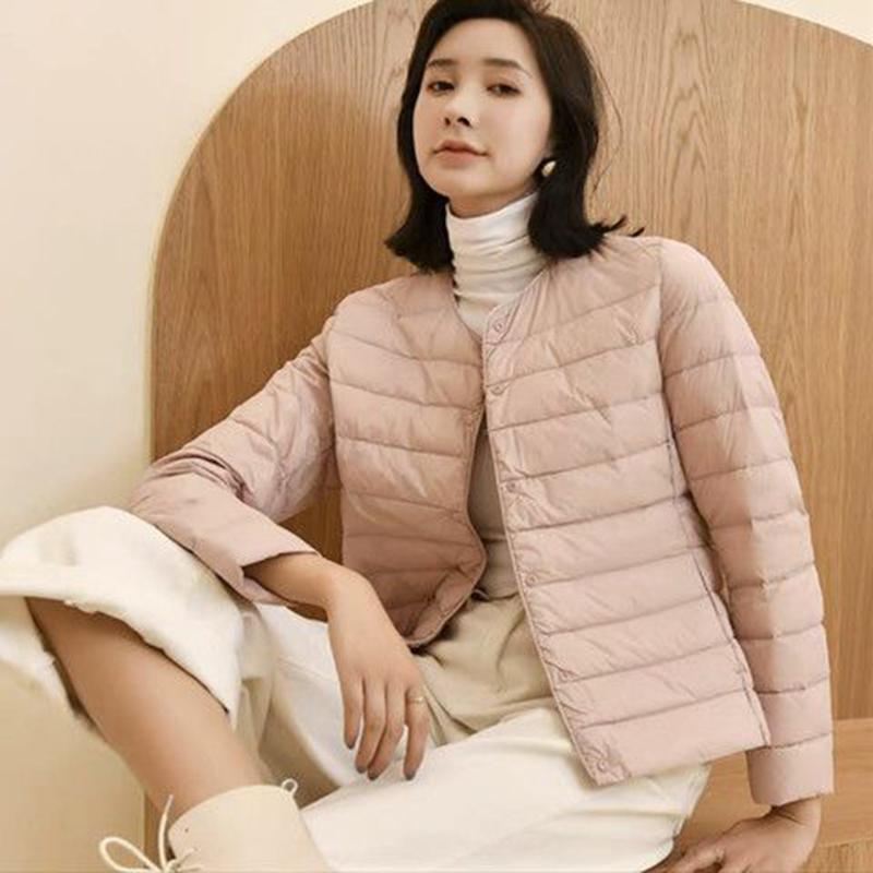Белый утиный пух, легкий тонкий пуховик, женский круглый вырез, короткая секция, без воротника, осенне-зимняя теплая куртка большого размера с внутренней стороны