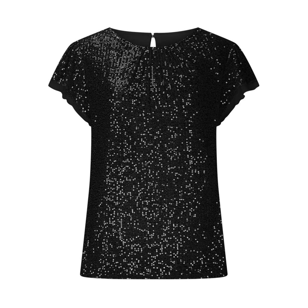 Women's Fashion Solid Color Round Neck Ruffle Sleeve Sequins Casual Blouse Tops