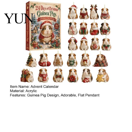 Holiday Hanging Ornaments Guinea Pig Advent Calendar, 24-Day Acrylic 2D Ornament Set with Christmas Decorations Outfits, Tree Decor, Gift for