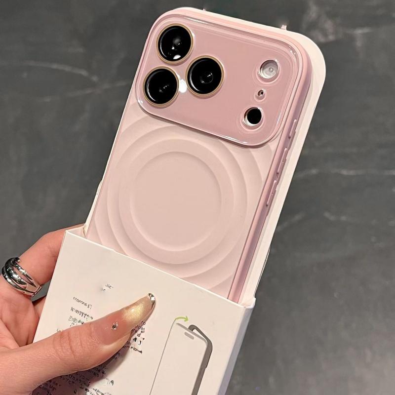 Luxury Solid Color Glossy Camera Case For iPhone 17 16 15 Pro Max For Magsafe Magnet Liquid Wave Pattern Shockproof Candy Cover