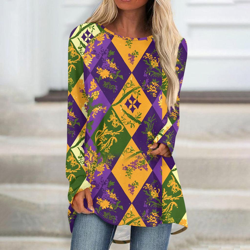 Women's Fashionable Round Neck Raglan Long Sleeved Carnival Printed Casual Pullover Top