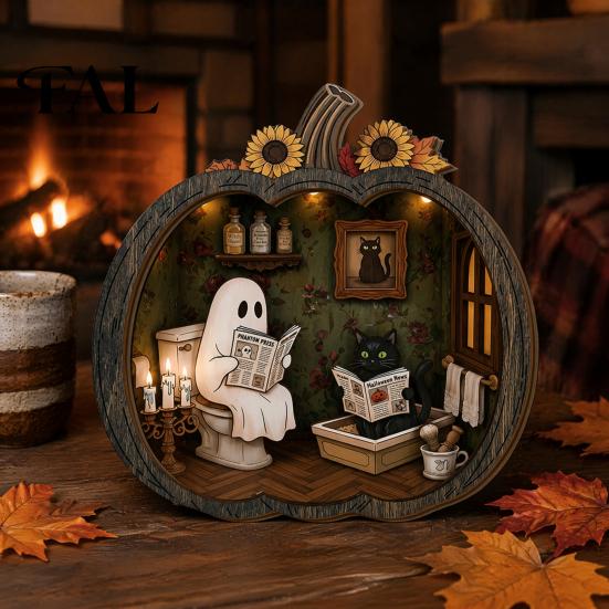 Whimsical Ghost Book Nook Halloween Wooden Tabletop Ornament, 2D Flat Cute Reading Bathing Fall Harvest Home Decoration Watering Plaque with Stand for