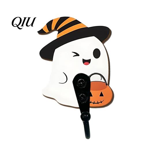 Punch Free Wall Storage Rack Halloween Themed Hook, Decorative Ghost Pattern Key Hanger, Self Small Bag Hanger for Bathroom Adhesive Backing Wood Base