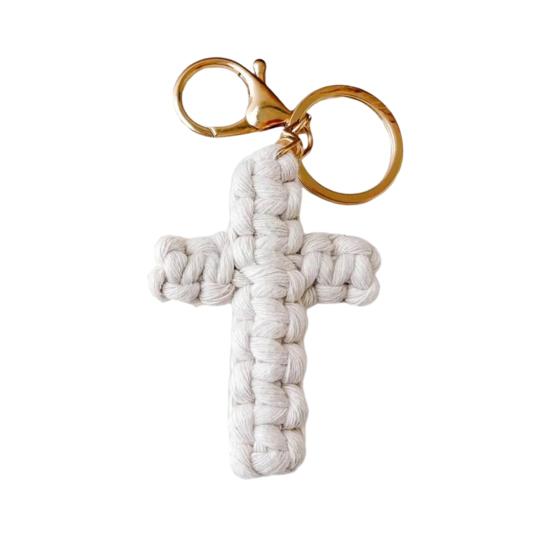 Handmade Christian Cross-shaped Keychain with Golden Ring Compact Comfortable Prayer Pendant Religious Accessory