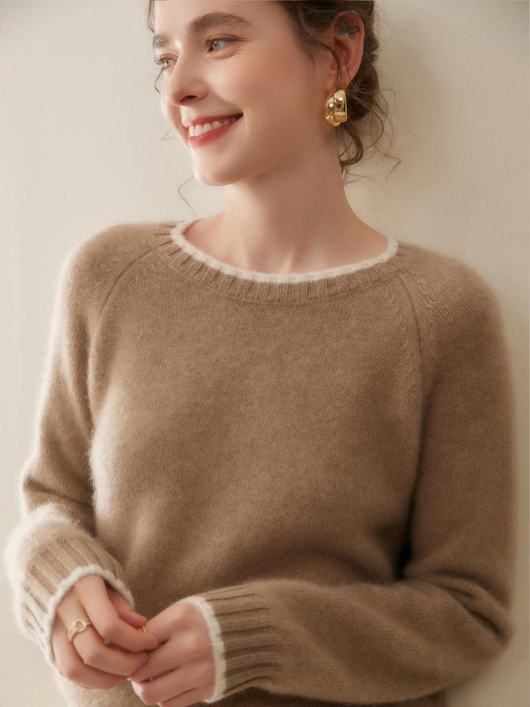 Women's Cashmere Raglan Sleeve Sweater - Round Neck, Autumn/Winter Fashion