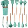 Силиконовые кухонные принадлежности, набор кухонных принадлежностей, антипригарная посуда, лопатка, лопатка, венчики для яиц, зеленая деревянная ручка, набор кухонных инструментов для приготовления пищи