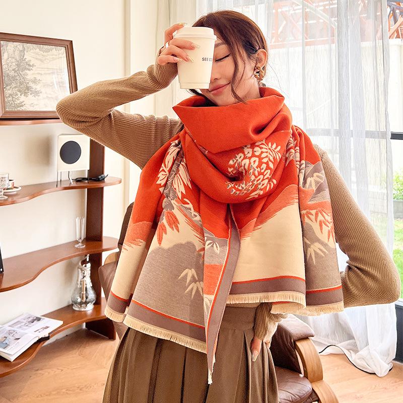 Korean Printed New Fashionable Imitation Cashmere Scarf, Student Dual-purpose Air-conditioned Shawl, Thickened Double-sided Scarf