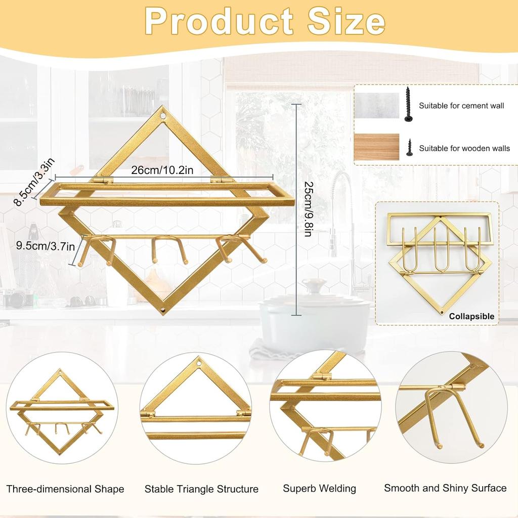 AUHOKY 2Pcs Metal Wall Mounted Wine Holder Stemware Glass Rack, Upgrade Collapsible Hanging Red Wine Racks Organizer with 3 Stem Glass Holders, Wine