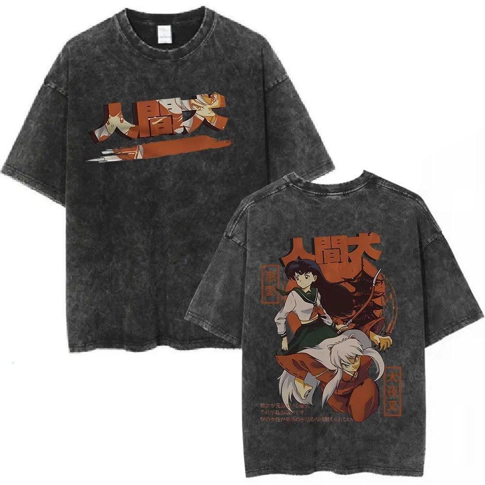 Top Retro Washed Anime "Inuyasha" Pattern T-shirts for Men and Women Short-sleeved Loose Cotton Tops Ins