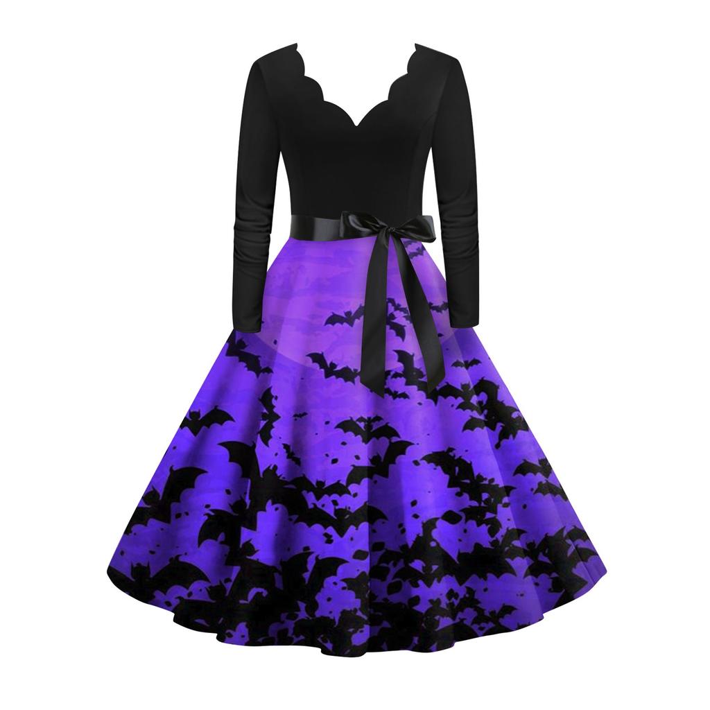 Women's Vintage Classic Dress Long Sleeve Halloween Print V-neck Swing Dress