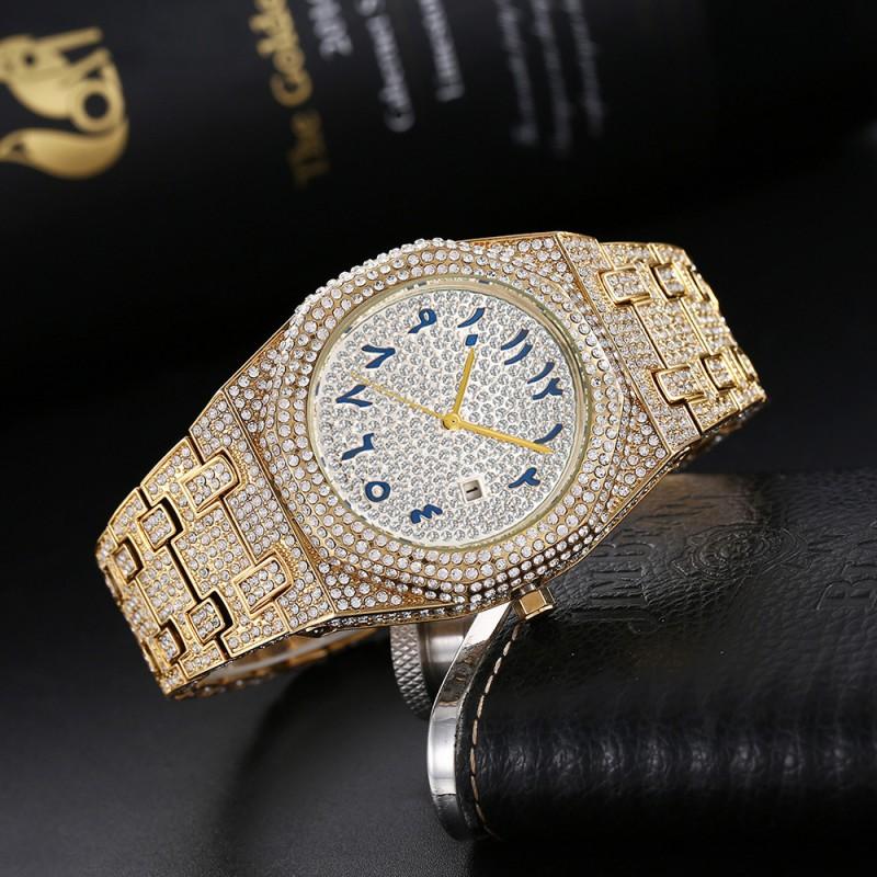 MISSFOX Hip Hop Style Mens Quartz Watch With Full Crystal Dial Arabic Numerals Gold 45mm Polygonal Case