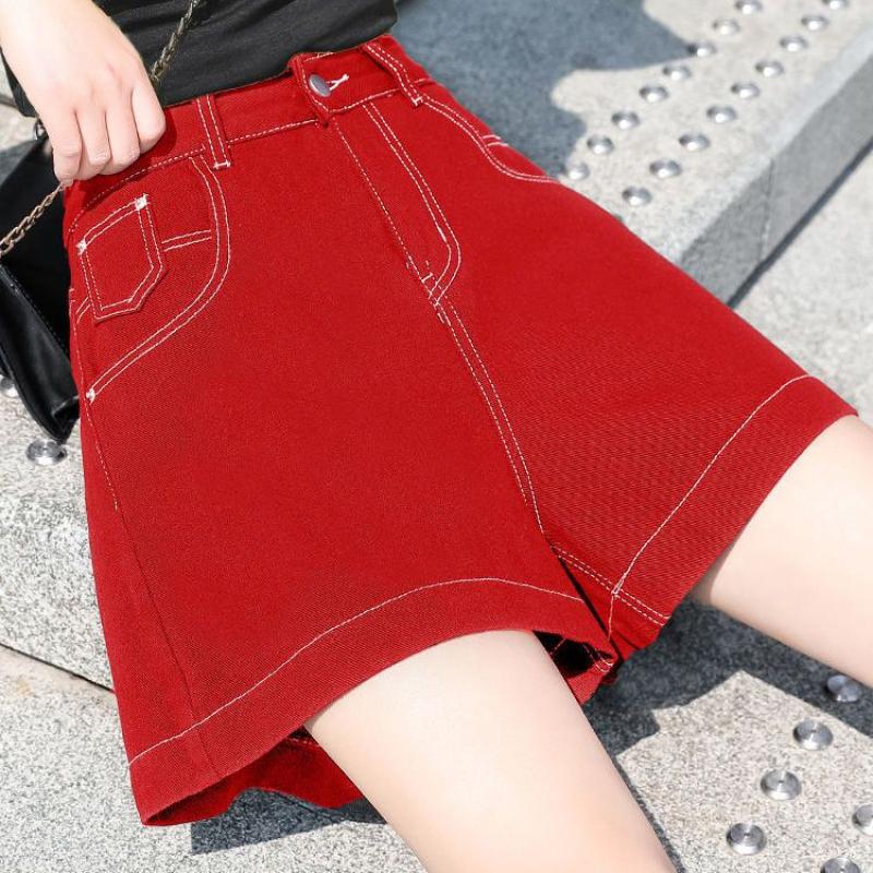 Летние широкие брюки трапециевидной формы с пятью точками, корейские женские джинсовые шорты, модные тренды с высокой талией, свободные повседневные простые красные