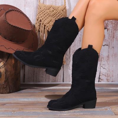 Женская обувь Высококачественные осенние женские ботинки без застежек средней высоты с круглым носком, однотонные, в стиле вестерн, Zapatillas De Mujer
