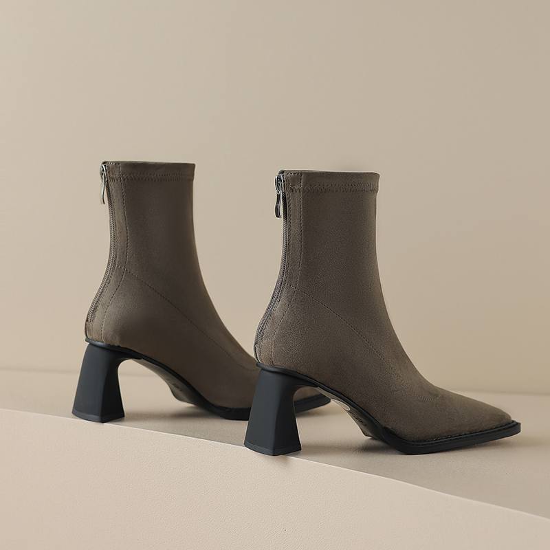 Krazing Pot Зимние эластичные ботинки из флока с квадратным носком на толстом высоком каблуке и молнии, женские ботильоны из натуральной кожи Stovepipe