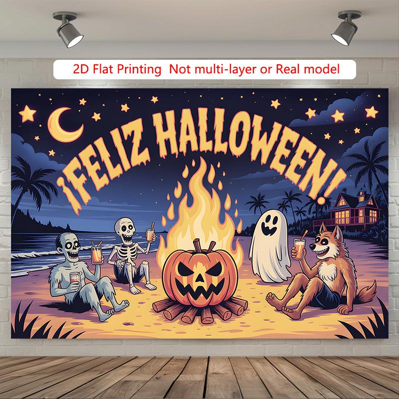 Party Backdrop Halloween Flat Spooky Spanish Language Skeletons Ghosts Pumpkins Parties Celebration Photo Booth Party Decor