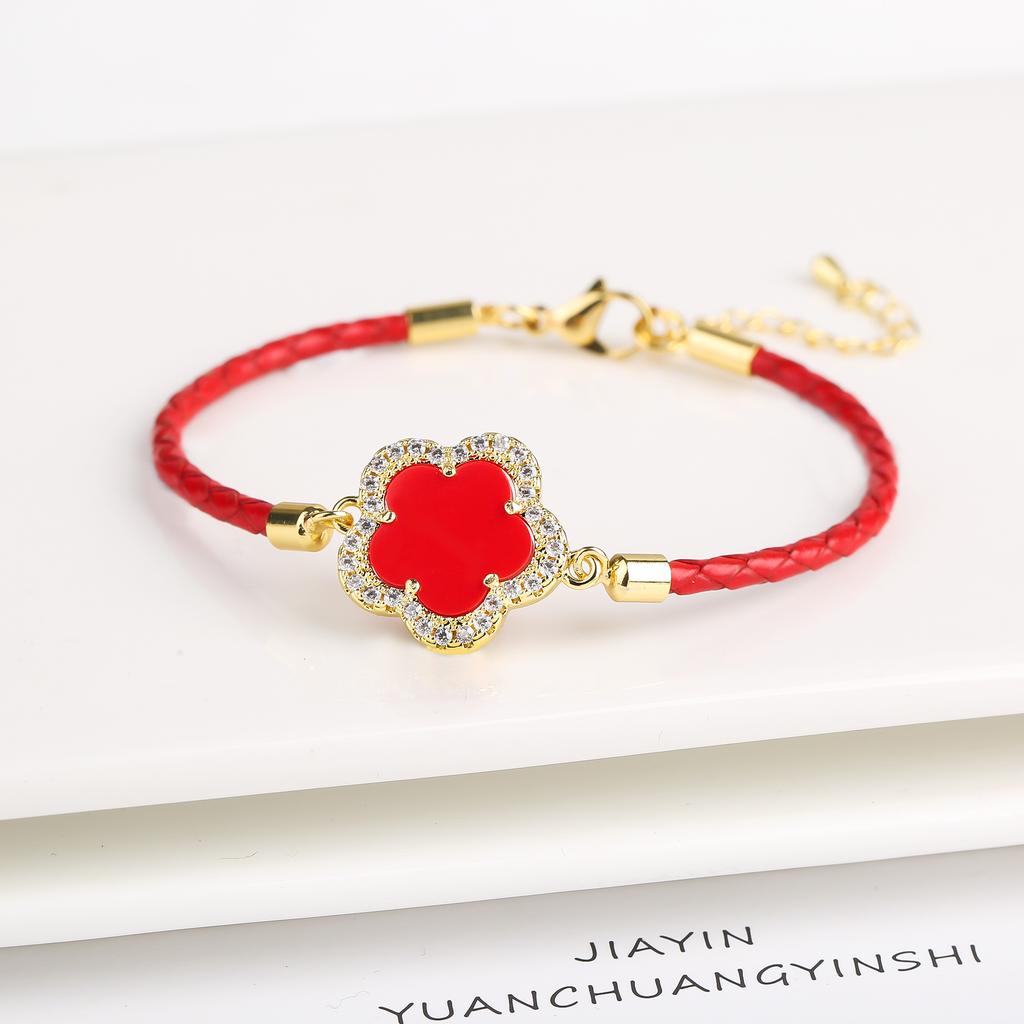 INS Hot Sale Shiny Zirconia Five-Leaf Flower Leather Adjustable Bracelet Classic Stone Plumeria Bracelet For Woman Jewelry Gift