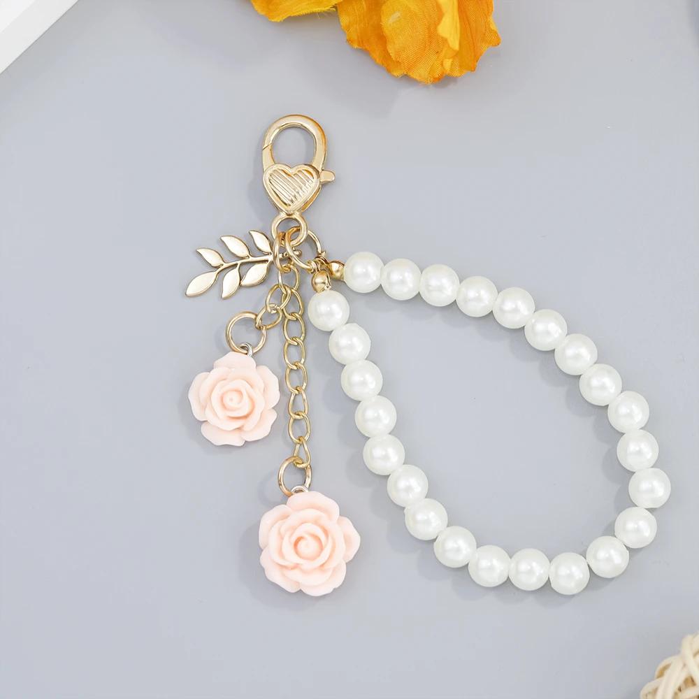 Retro Pearl Keychains for Women Bag Backpack Decor Keyring Metal Round Tag Pendant Mobile Phone Beaded Key Chain DIY Jewelry