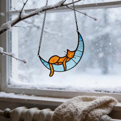 Кот на Луне Стеклянный Ловец Солнца Акриловая Панель Подвеска на Окно Подвесное Украшение Витражное Настенное Искусство Мемориал