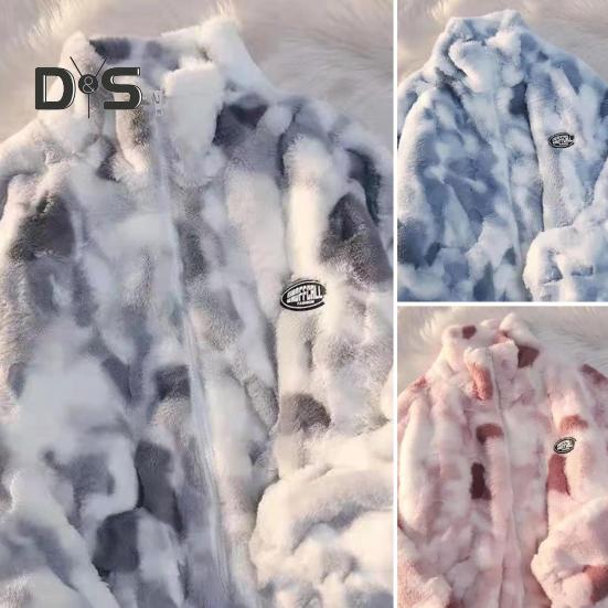 Женская куртка осень-зима, двухсторонняя плюшевая ткань с узором «тай-дай», воротник-стойка, застежка-молния, утолщенное пальто с длинными рукавами, свободное ветрозащитное пальто для поездок на работу