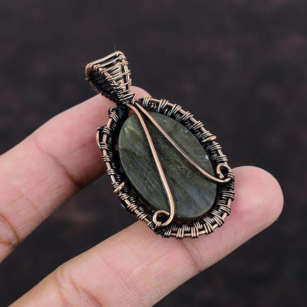 Подвеска из медной проволоки Mystic Fire, лабрадорит, драгоценный камень, кулон ручной работы, медный ювелирный подарок для него, потрясающие ювелирные изделия из проволочной обмотки