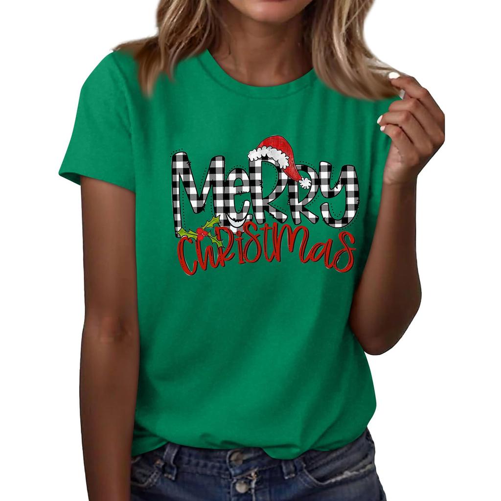 Women's Fashion Casual Christmas Printed Short Sleeve Loose Round Neck Pullover Top