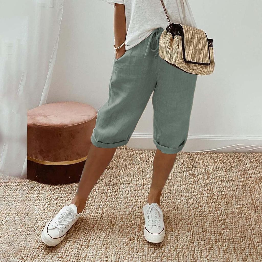 Womens Linen Shorts High Waisted Casual Shorts Drawstring Shorts With Pockets