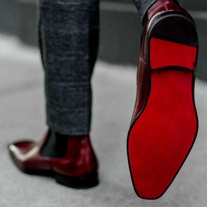 New Red Men Chelsea Boots Red Sole Square Toe Slip-On Business Men Short Boots Bottes Pour Hommes Ankle Boots