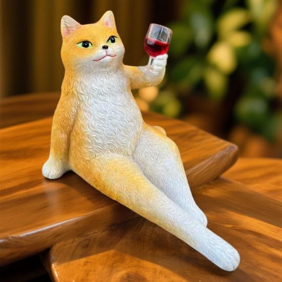 Фигурка кота, пьющего вино, из смолы, держащая бокал с вином, сидящая статуэтка кота, скульптура из смолы, украшение для дома, офиса, десктопа