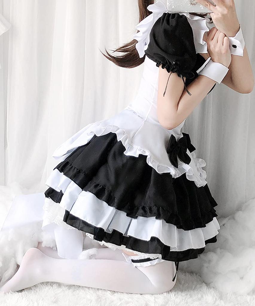 Maid Costume Cosplay Puff Mini Light Black and White Black and White [Milky Time] Dress, Sleeves, Length, Blue, (Includes Ribbon)