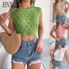 Spring Summer Hollowed-out Leaf Crop Crop Knit Top for Women's Vacation