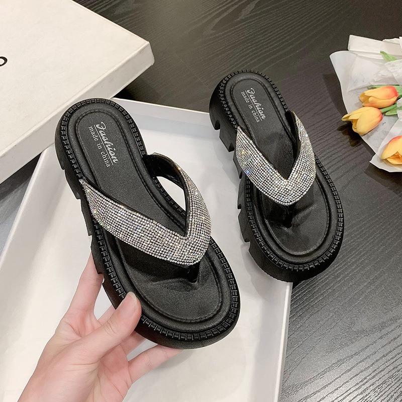 Fashion Slippers Women Shiny Crystal Wedge Sandals Summer Comfortable Soft-soled Sandals Outdoor Fashionable Shoes Flip-Flops De Mujer