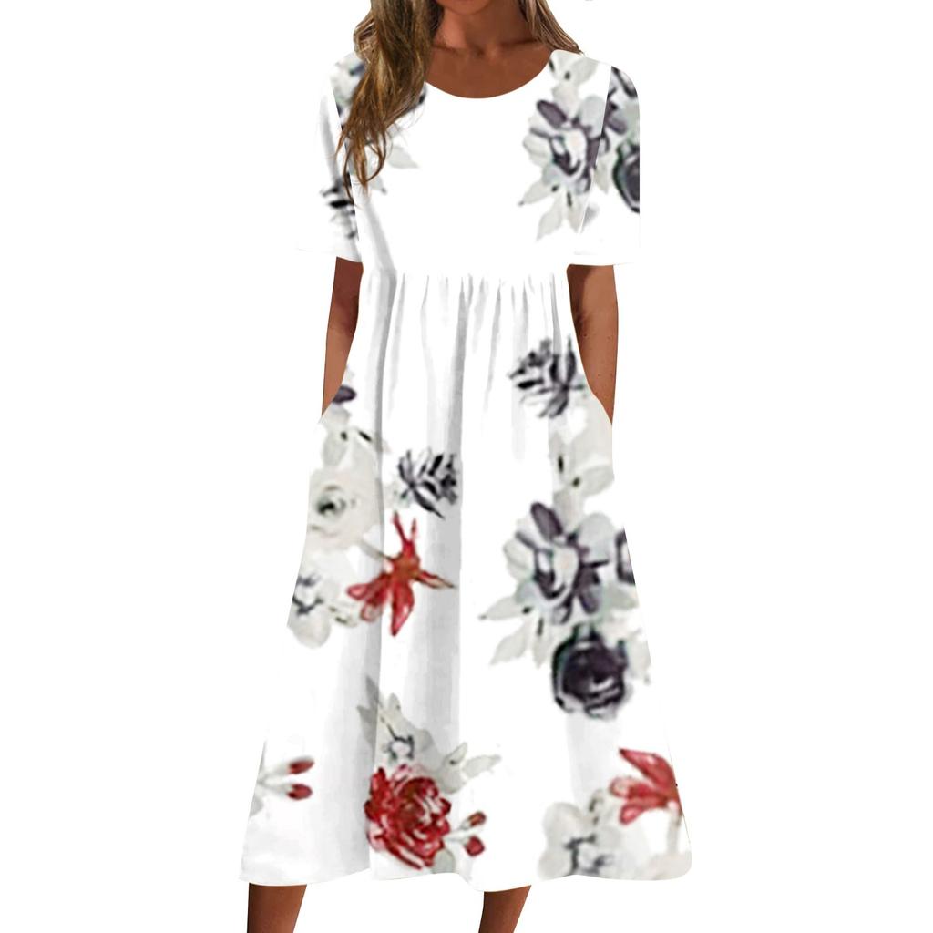 Women's Casual Dresses Printed Dresses Summer Dresses Printed Pleated Round Neck Midi Dresses Basic Classic Outdoor Daily Short Sleeve Loose Dresses