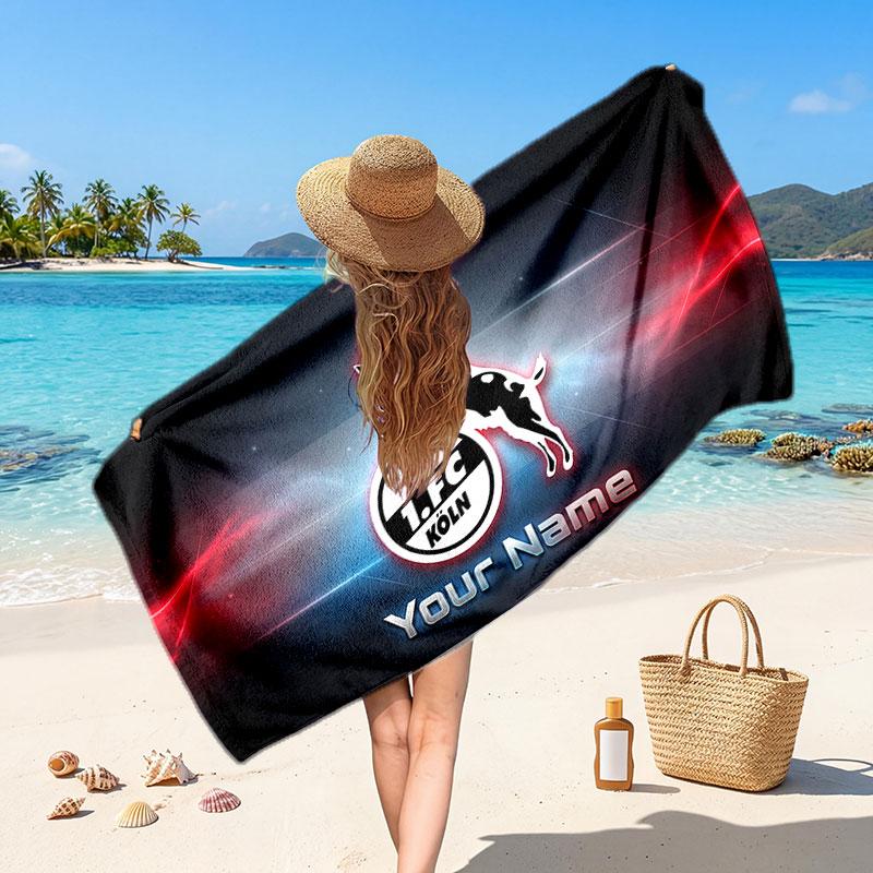 FC Köln Custom Beach Towel, Personalized Name Text Print, Football Logo Soft Quick‑Dry Towel Holiday Gift