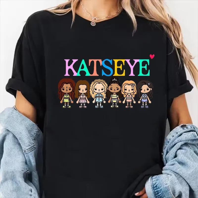 Womens Katseye Print Casual T Shirt Gothic Y2k Tshirt Women Korean Style Graphic Tee Tops Crew Neck Short Sleeve Tshirt Clothes