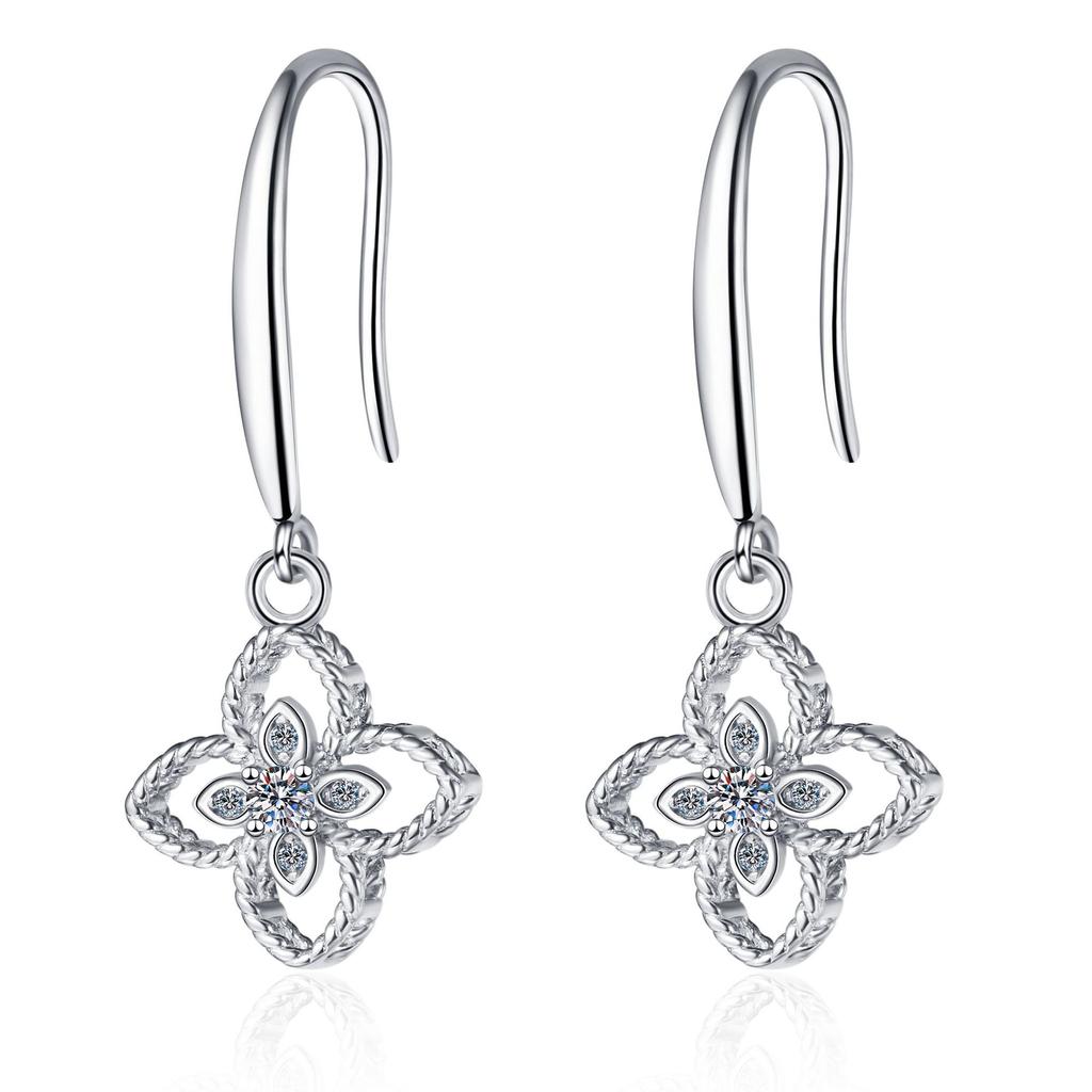 925 Silver Plated Pt950 Golden Ear Hook Simple Earrings Female 10 Points Mossan Diamond Four Leaf Cao Ear