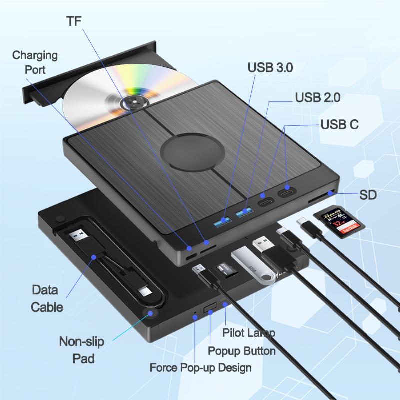 External Blu-ray Drive Portable Optical Drive for Laptop PC CD/DVD RW Player Burner with USB3.0 Type-C SD TF Card Slots