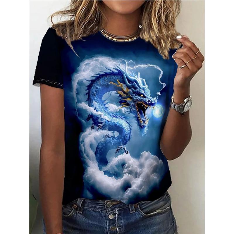 Summer Round Neck 3D Phoenix Dragon Pattern Printed Top Fashionable Casual Short Sleeved Women's T-shirt