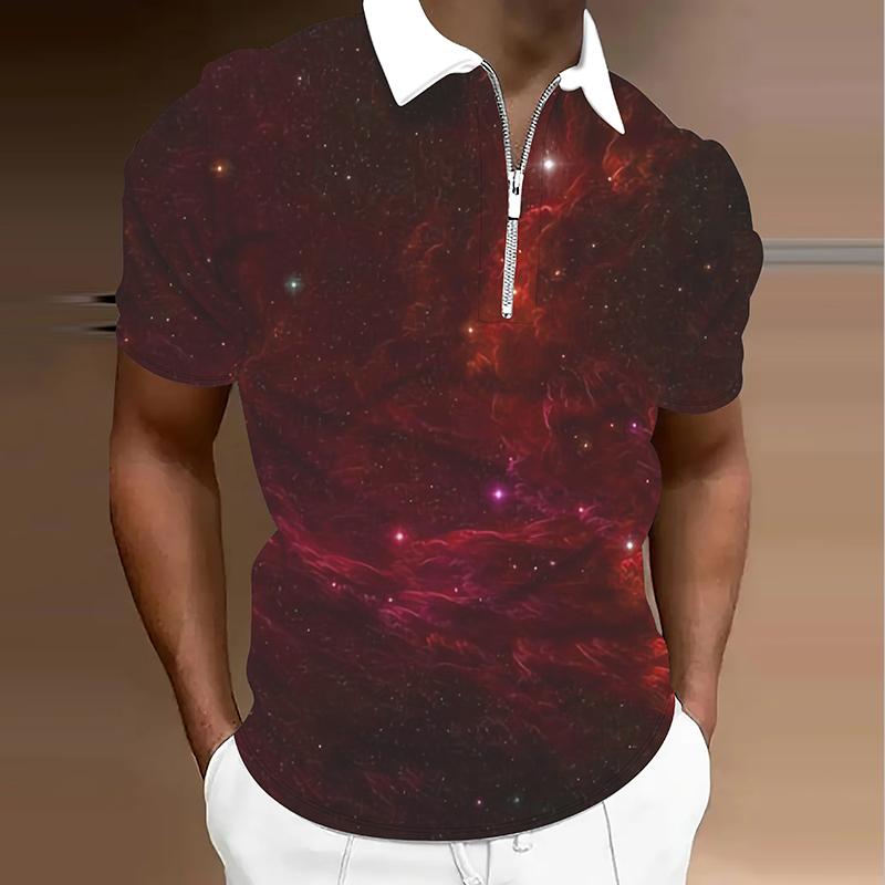 Мужская рубашка поло повседневная на молнии с коротким рукавом модная повседневная на молнии лето весна стандартный крой 3D звездное небо принт рубашка