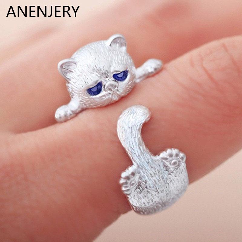 ANENJERY Кольцо с котом для женщин, милое кольцо с котом в японском стиле, простота, модные ювелирные изделия, подарки, кольца с синими стразами и глазами