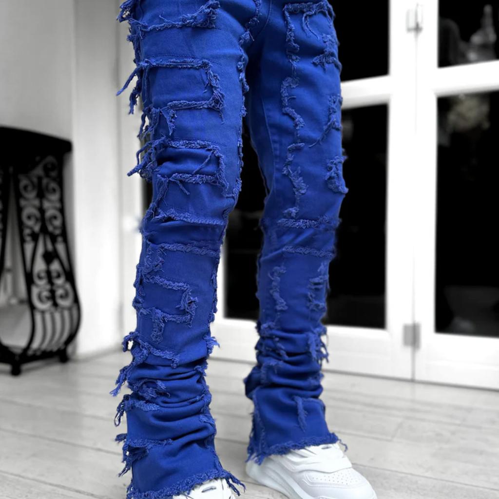 New Men's Denim Straight Leg Jeans Street Fashion Ins Colorful Stretch Patch Denim Straight Leg Jeans