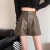 Women's Autumn High Waist Black Leather Shorts - Versatile, Slimming, Wide-Leg Design