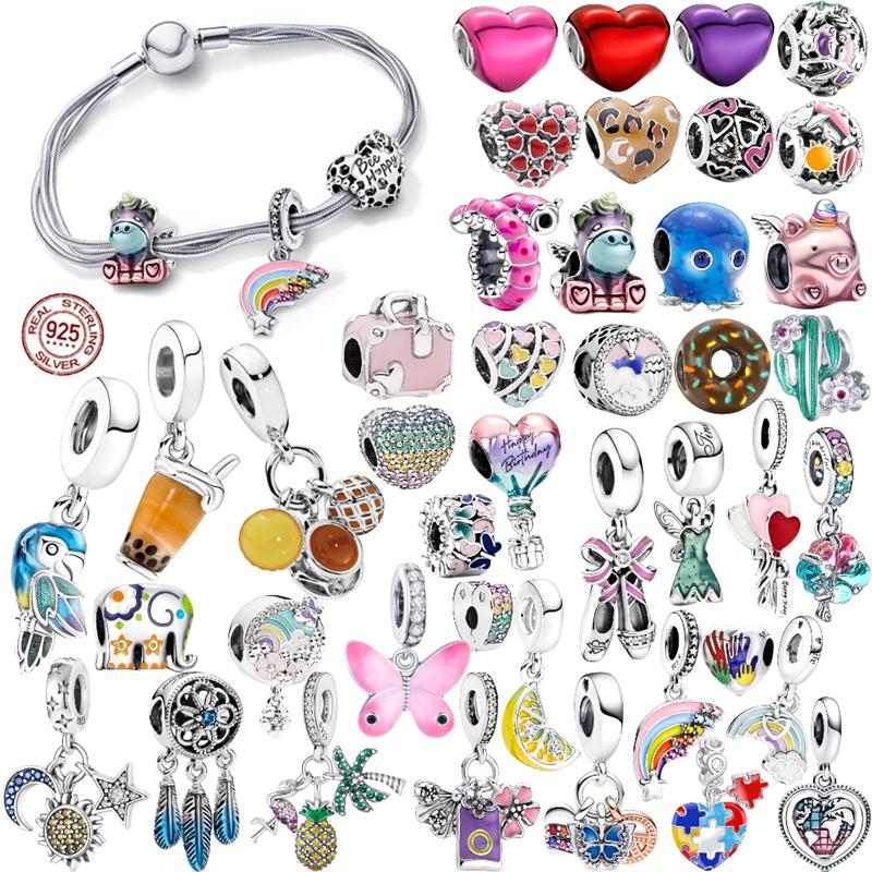 Подвеска-клипса, подвеска из стерлингового серебра 925 пробы, подходит для браслета, женский ювелирный подарок, красочный единорог, радуга