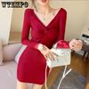 Весенне-осеннее женское платье с трикотажным низом, женское сексуальное трикотажное платье с v-образным вырезом, облегающее шерстяное платье с запахом на бедрах