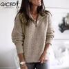 Women's Fashion Casual Solid Color Print Autumn Winter Long Sleeve Zip Collar Loose Sweaters