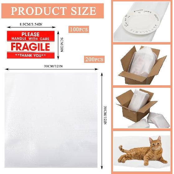 200 Pack 12 x 12 Inches Foam Sheets Cushioning Foam Sheets with 100 Pcs Fragile Labels for Moving Packing Supplies, Convenient to Use, Making