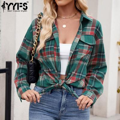 Женская мода повседневная весна-осень клетчатый принт длинный рукав воротник поло блузки и рубашки