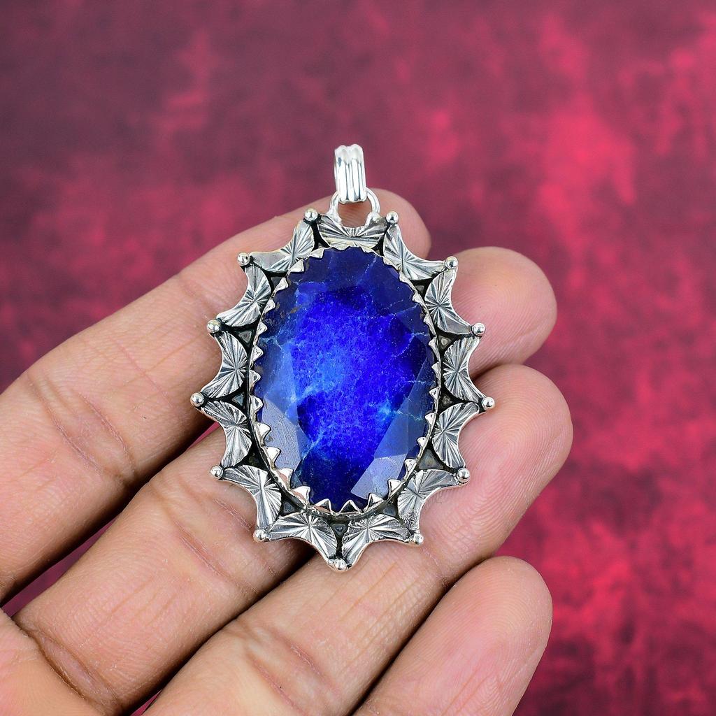 Подвеска с синим сапфиром, подвеска из драгоценного камня ручной работы, подвеска из стерлингового серебра 925 пробы, антикварные ювелирные изделия, для подарка на помолвку